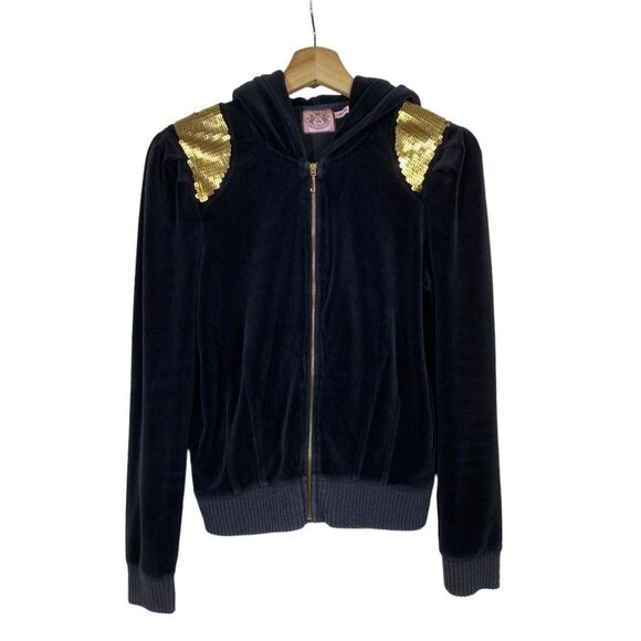 Juicy Couture Tops - Vtg Juicy Couture Y2K Velour Hoodie Track Jacket Black Full Zip M Gold Sequins